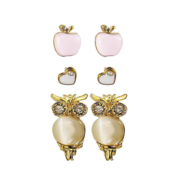 SET DE ARETES CON FORMAS DE MANZANA, CORAZÓN Y BÚHO