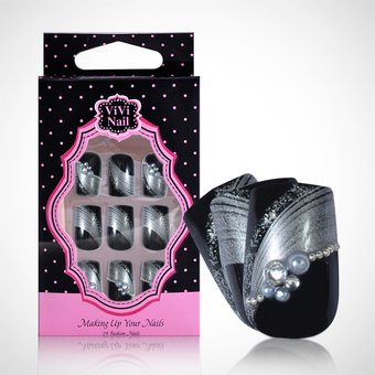 Vivi Nail Uñas Acrílicas Set Negro Y Plateado C/ Cristal X 1/24