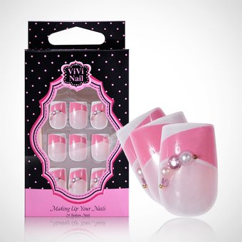 Vivi Nail Uñas Acrílicas Set Raya Rosa Y Blanco C/ Cristal X 1/24