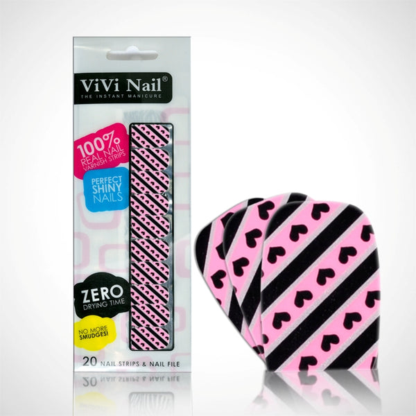 Vivi Nail Uñas Postizas Adhesivas Set Raya Rosada Y Negra C/ Corazones X 1/20