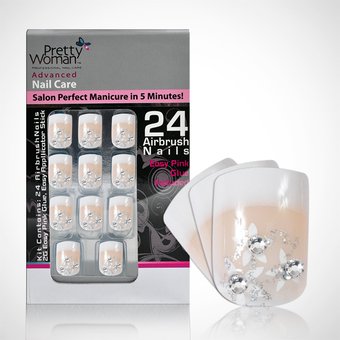 Pretty Woman Uñas Plasticas Acrilicas Set Beige C/ Flor Y Cristal