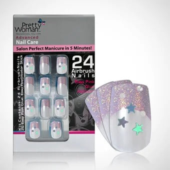 Pretty Woman Uñas Plásticas Acrílicas Set Lila C/ Brillo Y Estrellas