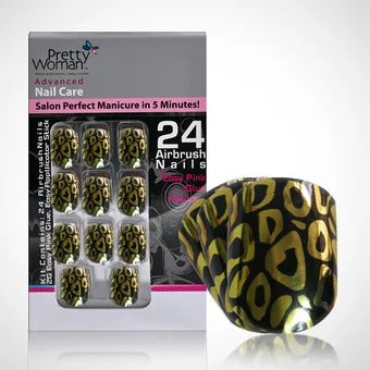 Pretty Woman Uñas Plasticas Acrílicas Set Dorado Diseño Leopardo